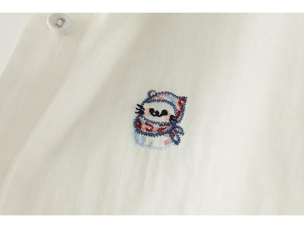 Women's Artistic Cartoon Embroidery Cotton Gauze Long Sleeve Shirt - Fresh & Soft Skin-Friendly Top