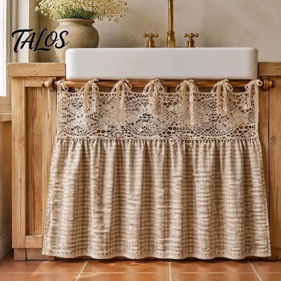 Dustproof Oven Handle Protector Farmhouse Stove Skirt, Plaid Crochet Lace Curtain, Rustic Kitchen Cabinet Decoration Skirt Curtain with Ties