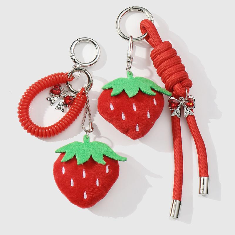 Korean Simulation Plush Strawberry Keychain Little Fresh Sweet Red Bow Keyring Pendant Bag Ornament Car Key Holder For Girl Gift