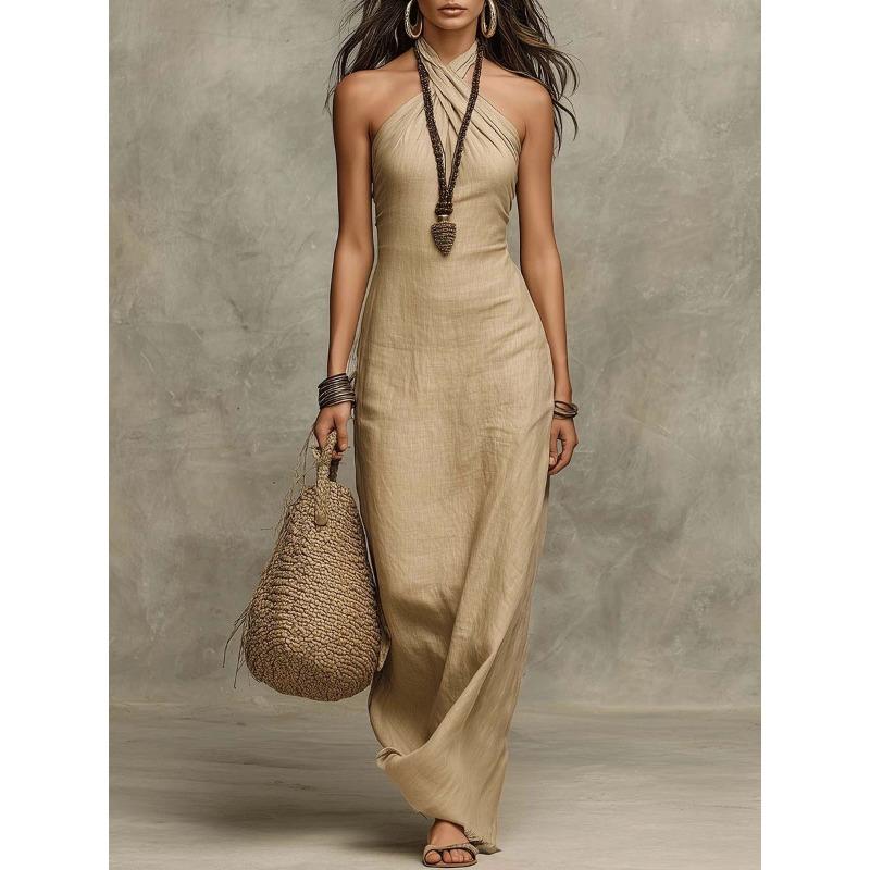 Women s Khaki Linen Cross Halter Neck Sleeveless Slim Fit Maxi Dress S