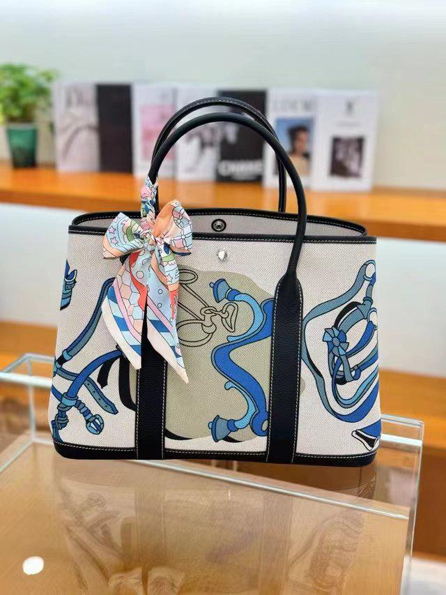 Women's Genuine Leather Garden Tote - 2025 Canvas & Cowhide, Large Capacity, Contrast Color Shoulder Bag