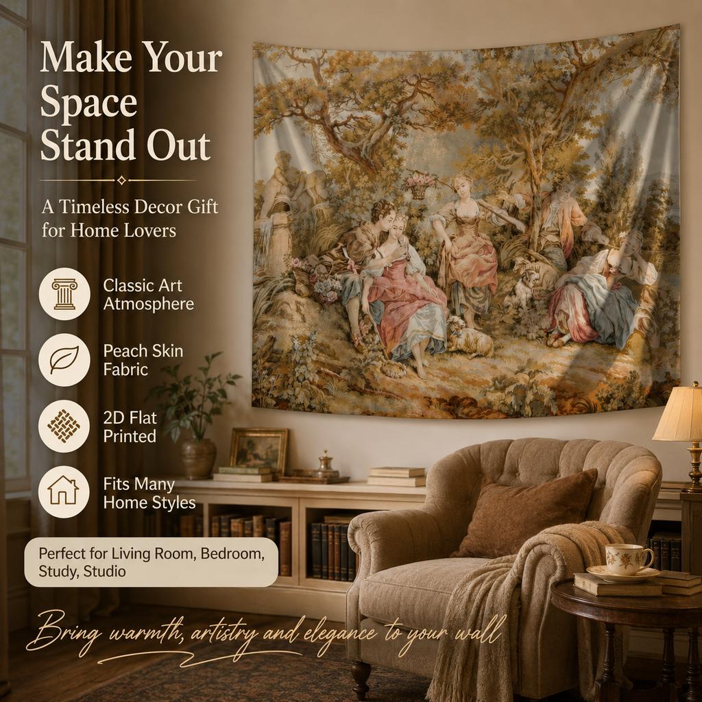 Vintage Renaissance Wandteppich 2D Flach Gedruckt Pfirsichhaut Wandbehang Pastoral Ölgemälde Kulisse Für Schlafzimmer Heimdekoration