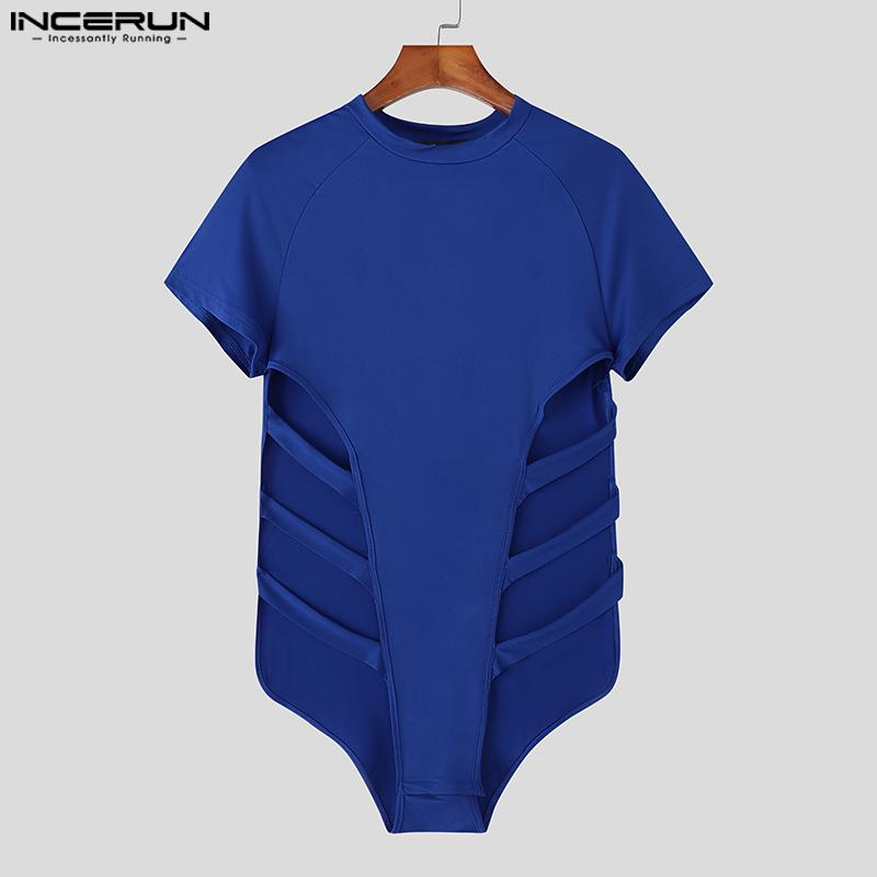INCERUN Men Short Sleeve Hollow Bandage Fitted Jumpsuits Romper Homewear