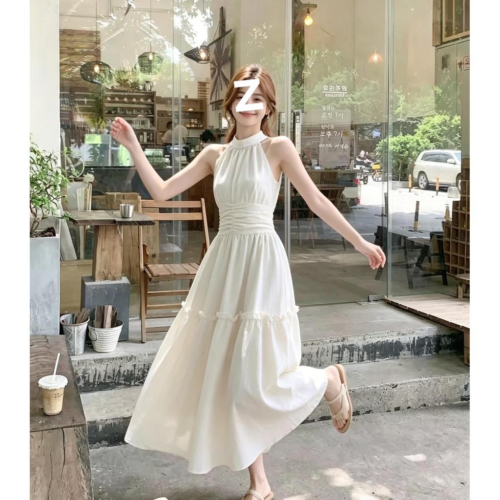 New summer white dress for women, neck, waist folds, thin, pure desire style temperament, big swing dress
