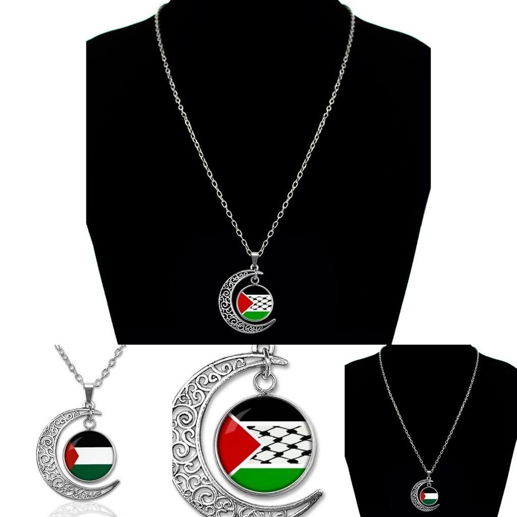 Palestine Gaza Women Flag Alloy Pendant Necklace Hollow Moon Sweater Accessory
