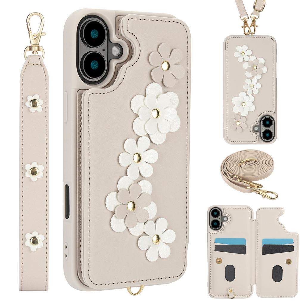 Applicable to iPhone16E multi-function mobile phone case 17Pro flower card holder anti-drop diagonal span rope portable rope