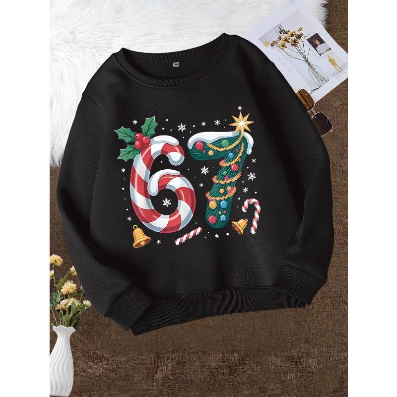 Fashionable Round-Neck Sweatshirt for Girls for Christmas, Casual Print Top