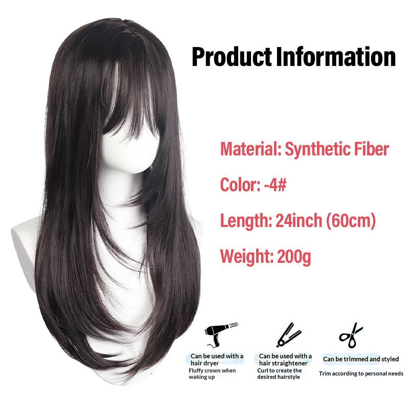 60cm Layered Black Long Straight Wig with Air Bangs, Full Cap Synthetic Fiber Wig for Lolita & JK Style Daily Wear