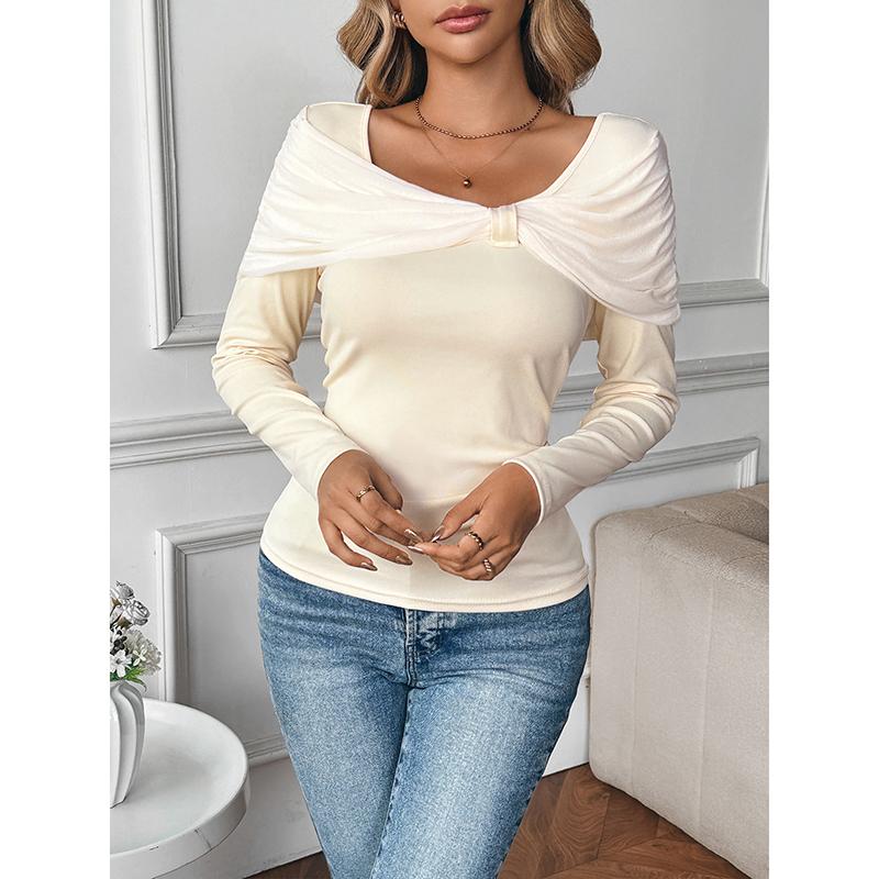 Autumn Winter Gentle U-neck Off Shoulder Knitted Sweater Women French Style Front Tie Patchwork Long Sleeve Slim Fit Pullover