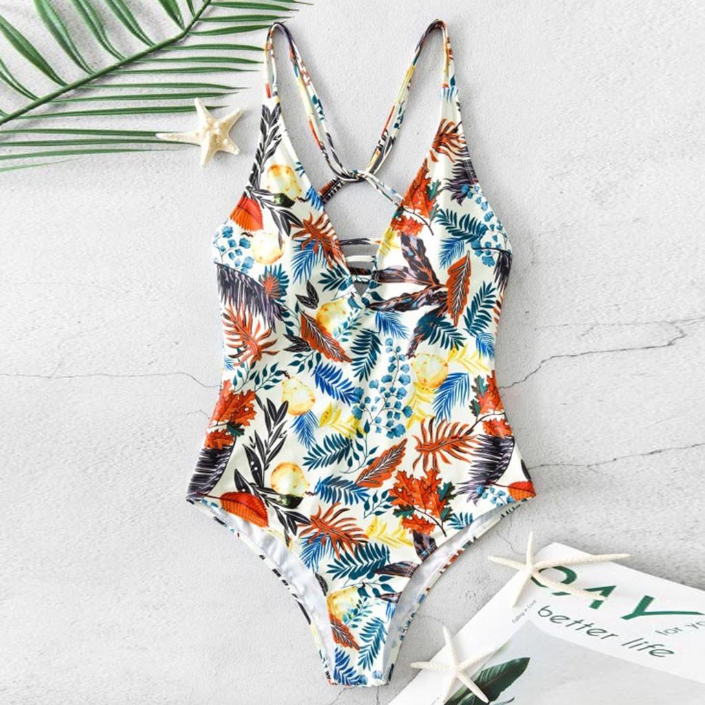 Tropical Leaf Print V-Neck Low Back One Piece Swimsuit main image 0