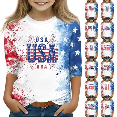 Print Tops For Youth Girls 3-10 Years Round Neck 3/4 Sleeves T-Shirts Trendy Tops Outfit Tees
