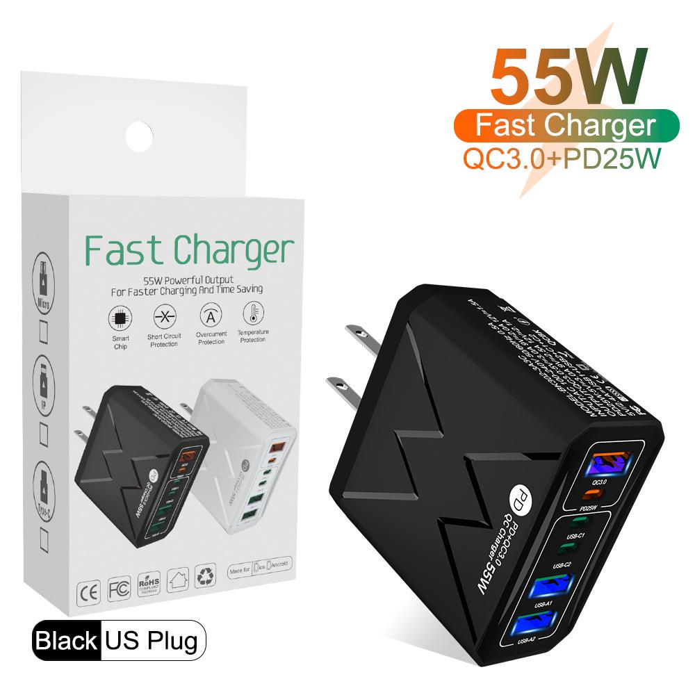PD 25W 6-Port Fast Charger: 3 USB, 3 PD 55W with QC3.0 – EU, UK, AU Plugs