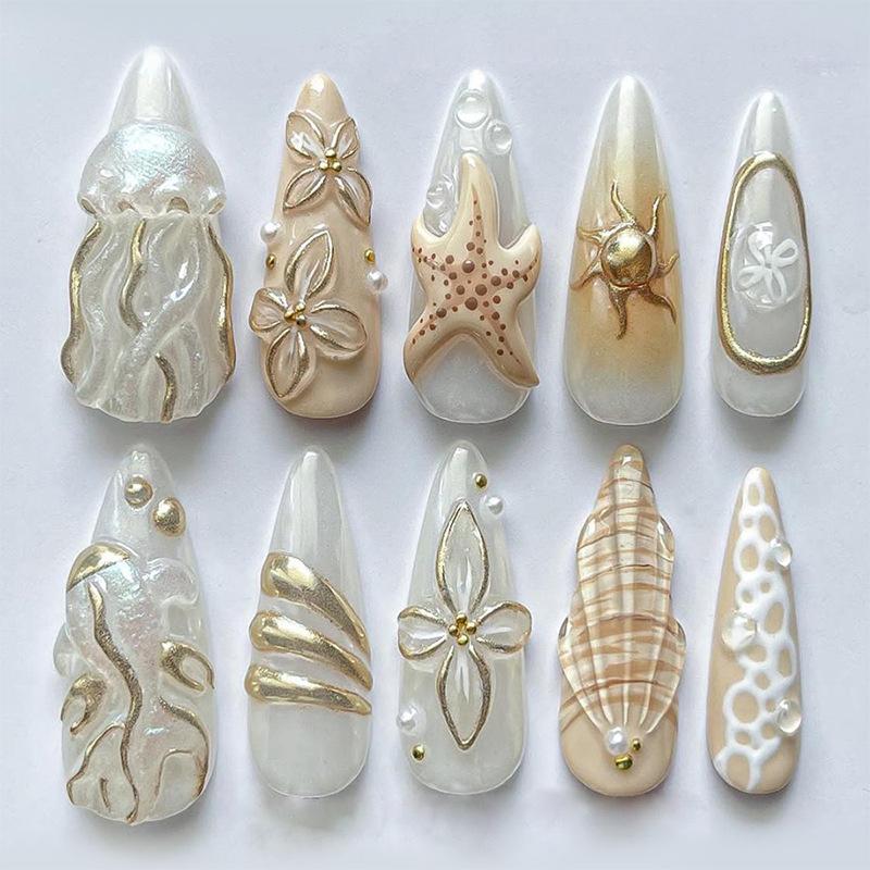 

3D Starfish & Mermaid Pearl Press On Nails, Ocean Theme Almond Shape Fake Nails, Handmade Beach Style Nail Art with Rhinestones, Reusable Full Set