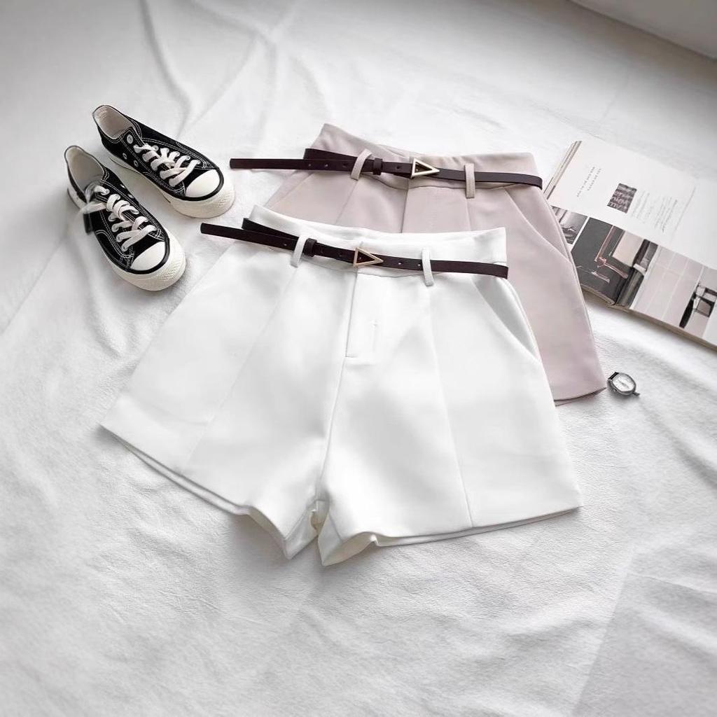 Spring 2025 Women's Apricot Belted Wide-Leg A-Line Suit Shorts - Versatile and Slimming Casual Outerwear