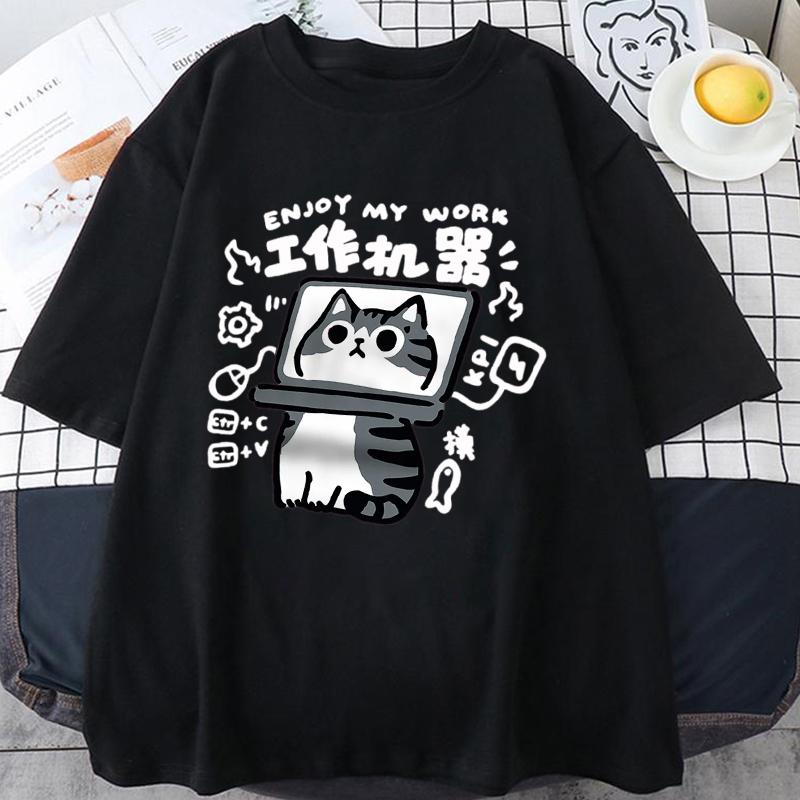Fun Tool Cat Print Japanese Style T-Shirts Men Women Breathable Clothing Summer Cotton Tshirt Hip Hop Loose Oversized T-Shirt