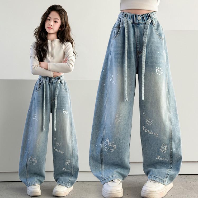 Nuovi Pantaloni Jeans Larghi a Gamba Larga Stampati Stile Coreano da Ragazza 2026