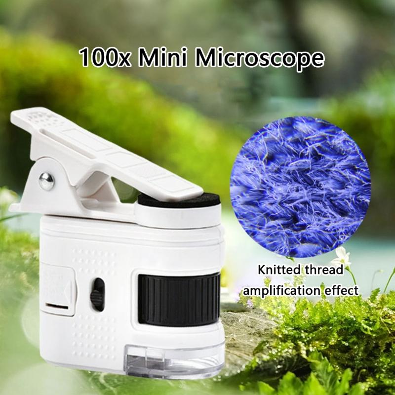 Portable 100X Magnification Mini Microscope for Smartphones with LED Illuminatiing and Clip On Design Jewels Magnifier