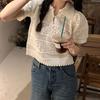Summer Women's Polo Collar Hollow Knitted Shirt Sweet Versatile Unique Short Sleeve Top for Women