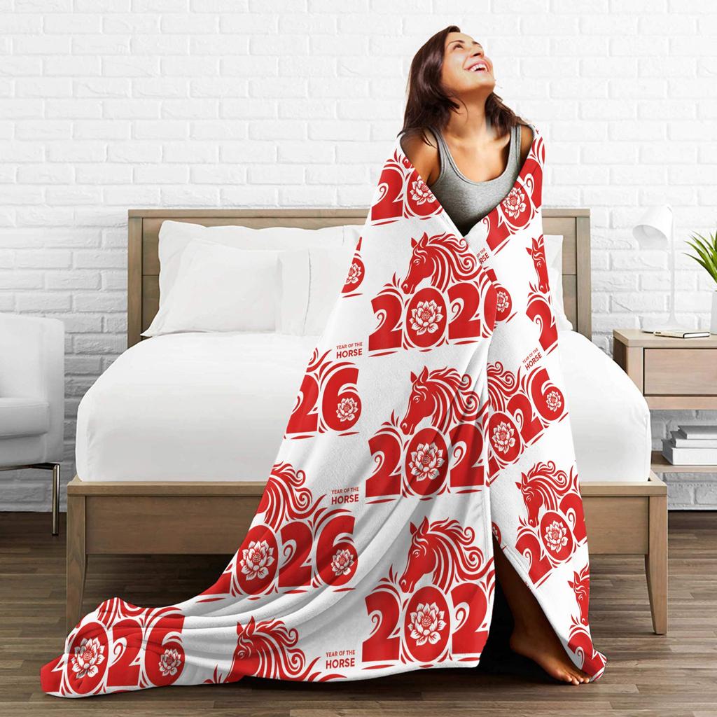 Year of the Horse Chinese New Year Blanket Wool Throw Blanket Bedroom Sofa Personalised Ultra-Soft Warm Bedsprea,
