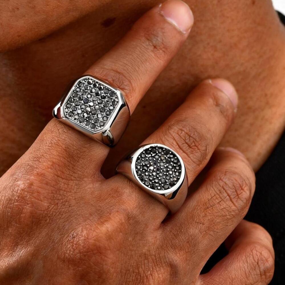 Black Zircon Signet Ring for Men Boys,Waterprfoof Stainless Steel Statement Ring,Punk Hip Hop Jewelry Birthday Party Gift
