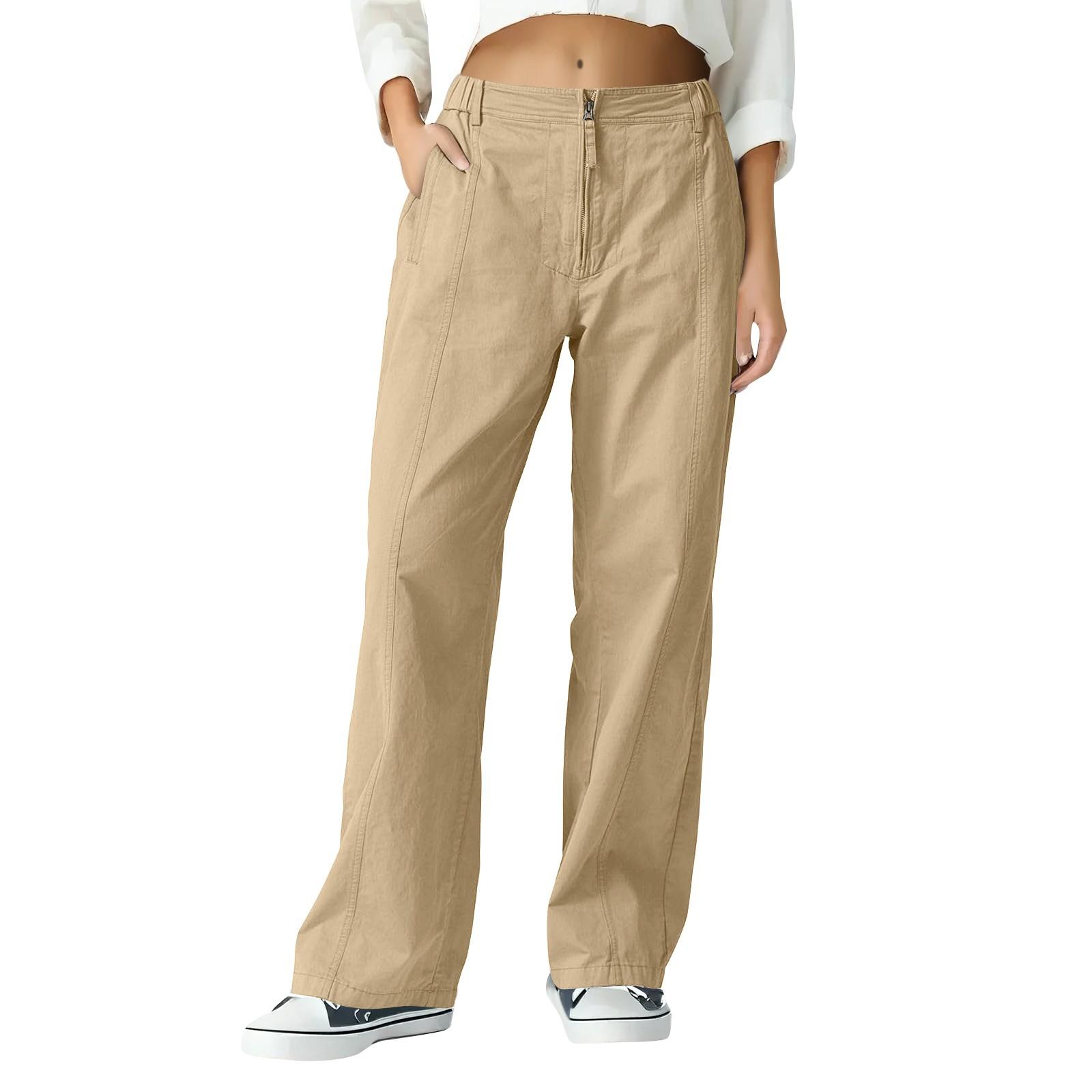 

Womens Zip Front Wide Leg Long Pants High Waist Causal Cargo Pants Pocket Palazzo Pants L хакі