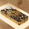 Case de Telefone de Vidro com Estampa de Leopardo Dourado e Tinta Metálica Dourada para iPhone 11 12 13 14 15 16 17 Pro Max 15 14 Plus 17 Air 16E Capa