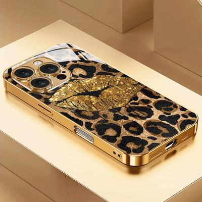 Case de Telefone de Vidro com Estampa de Leopardo Dourado e Tinta Metálica Dourada para iPhone 11 12 13 14 15 16 17 Pro Max 15 14 Plus 17 Air 16E Capa