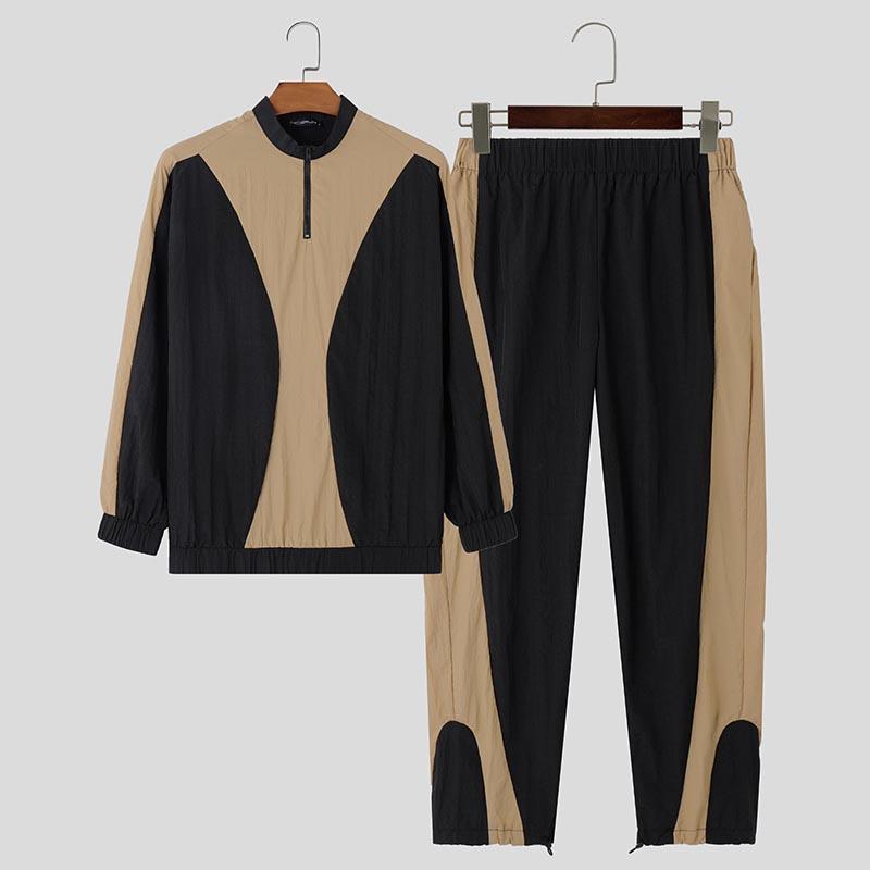 

INCERUN Двухсекционный спортивный стиль Мужские пэчворк футболки с длинным рукавом Длинные штаны Комплекты 2XL хаки