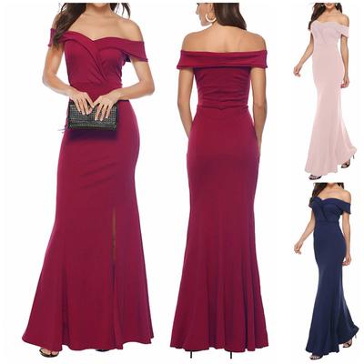 Women Off Shoulder Split Fishtail Dress Formal Evening Dress Slim Maxi Dresses