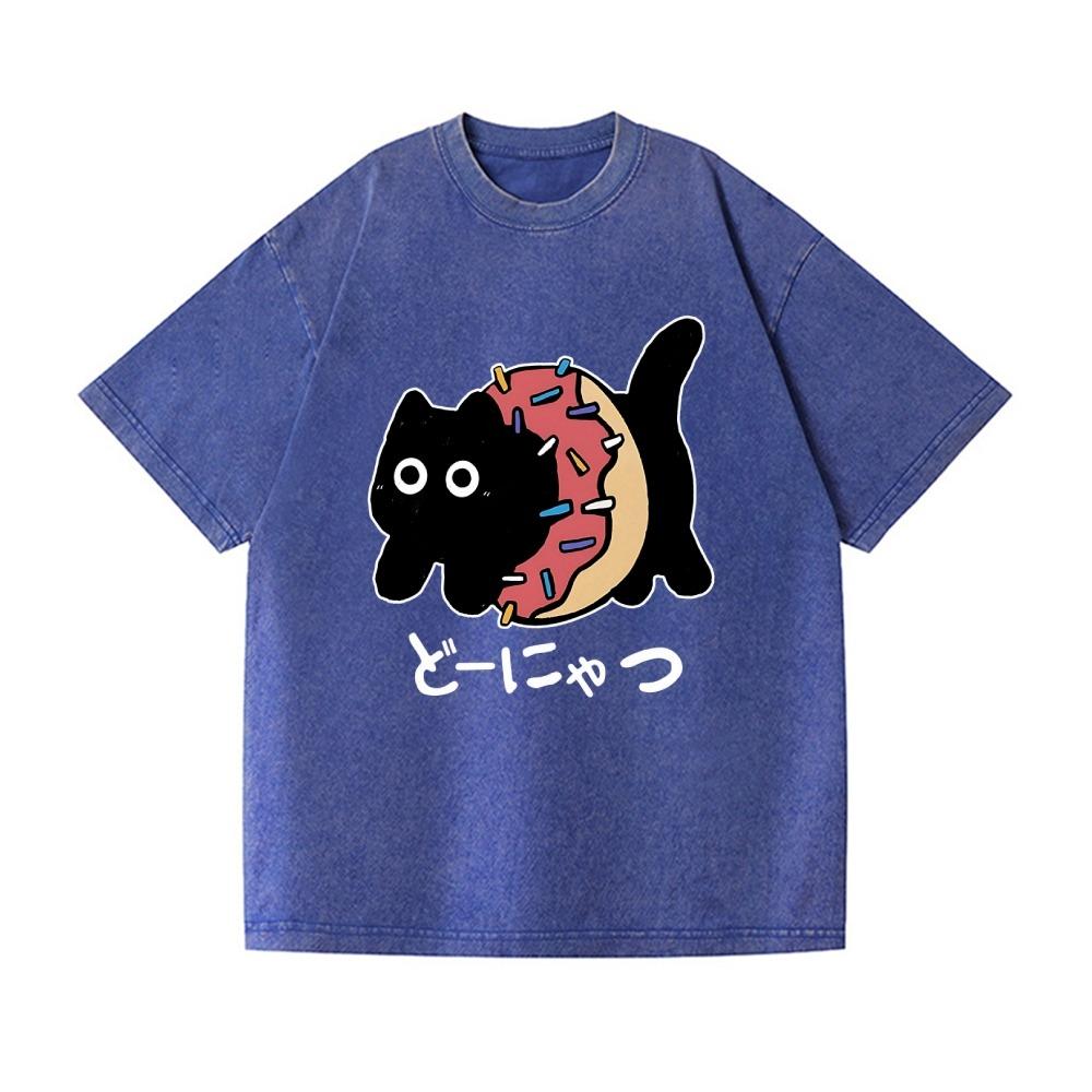 Men's Short Sleeve Washed Acid T-shirts Casual Loose Funny Donut Cat Japanese Design Vintage Tees Oversized O-Neck Tops