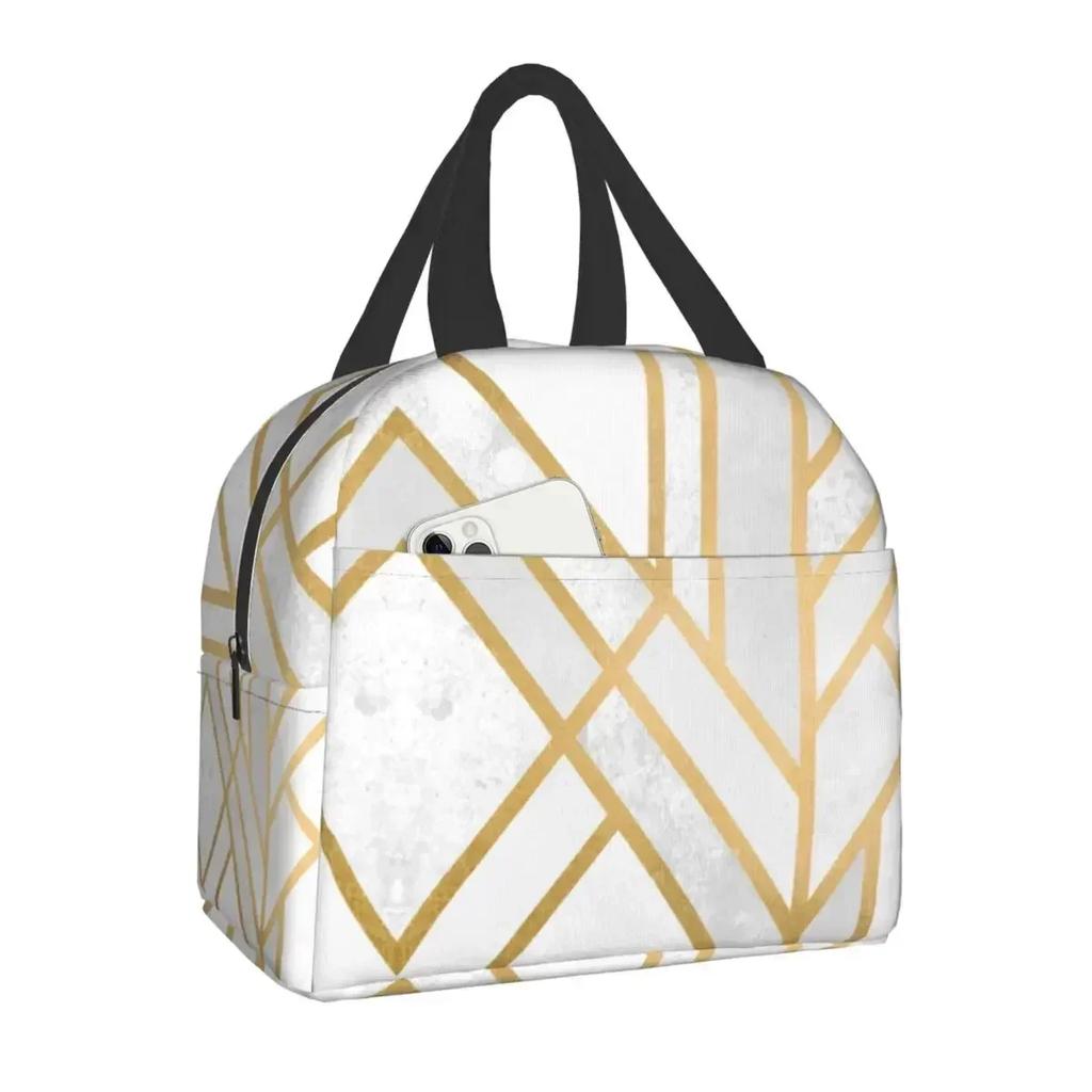 Pink Grey Gold Geometric Abstract Pattern Insulated Lunch Bag for Women Geometry Portable Thermal Cooler Food Lunch Box for Work