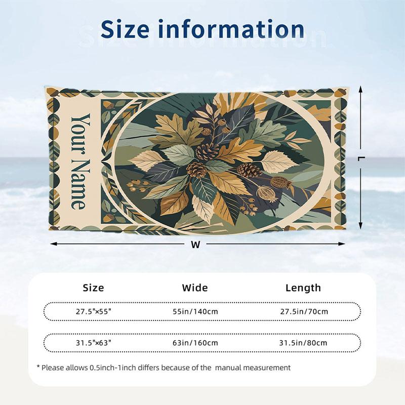 Autumnal Leaves Artwork Theme Quick Dry Beach Towel Custom Name Text Print Large Sand Resistant Towel Beach Vacation