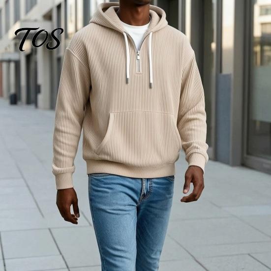 Fashionable Party Wear for Men Hooded Sweatshirt, Quarter Zipper Long Sleeve Pullover Hoodie, Warm Layering Tops Winter Corduroy Sweatshirt
