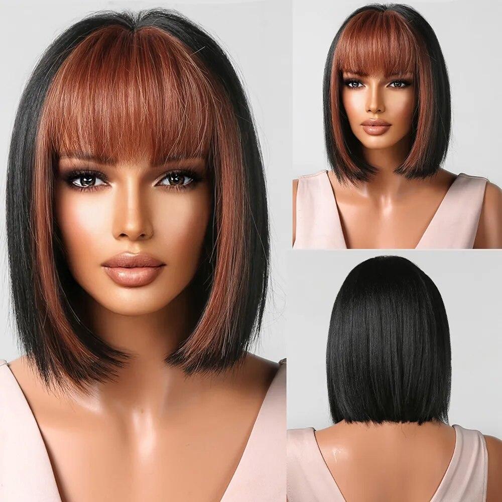 Short Orange Straight Bob Hair Synthetic Wigs with Bangs Orange Colorful Cosplay Party Wig for Women Heat Resistant Fiber Daily