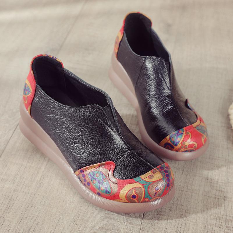 New Spring Style Sponge Cake Bottom Casual Women's Shoes Ethnic Style Genuine Leather Color-blocking Single Shoes To Increase Height and Comfort