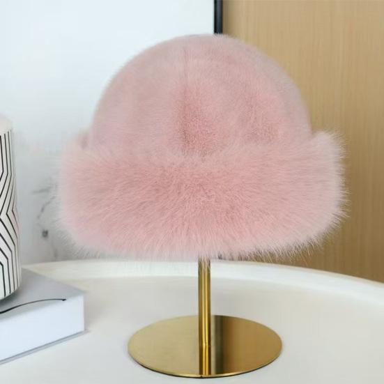Faux Fur Winter Bucket Hat Solid Color Soft Texture Thickened Warm Plush Hat Gentle Feel Winter Headwear