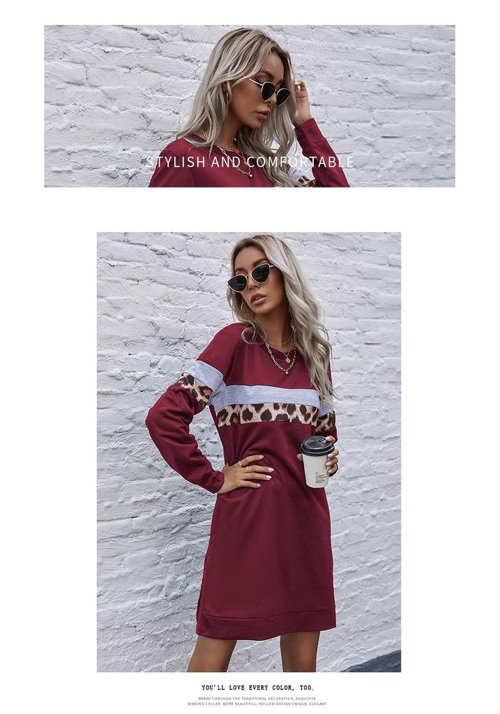 Herbst Damen Street Style Leopard Patchwork Pullover Sweatshirt Kleid