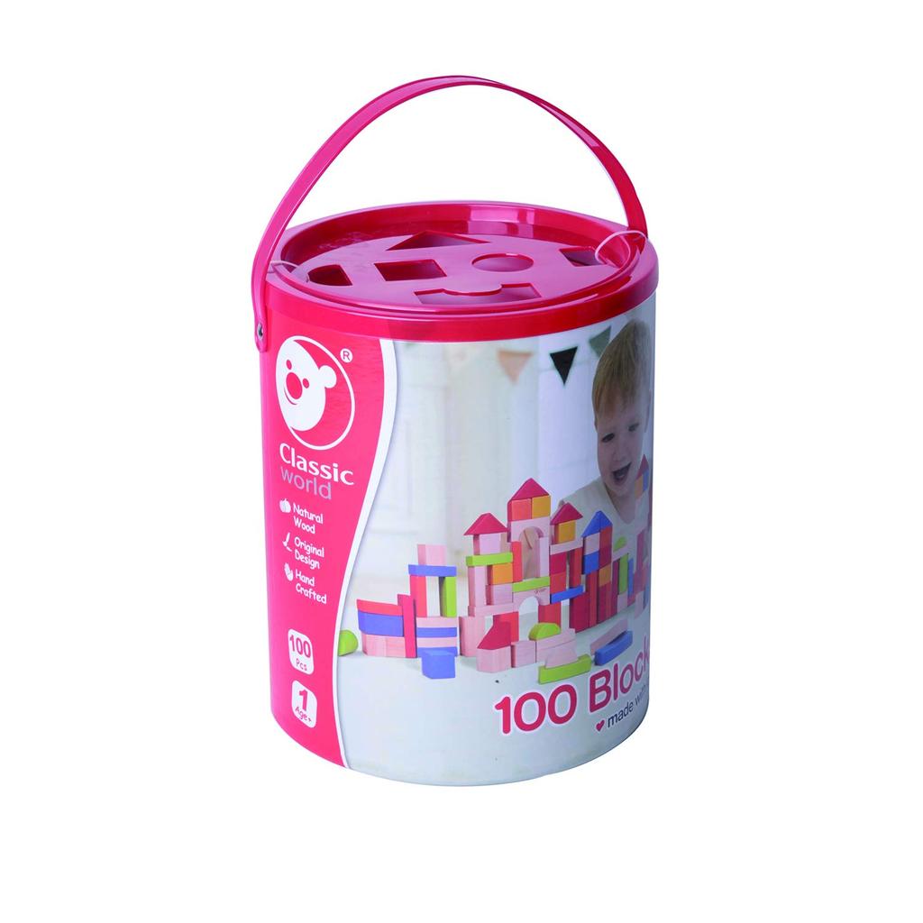 Classic World 100-Piece Building Block Set with Box, Colorful Wooden Toy, for Girls and Boys Ages 1, 2, 3, 4, and 5. Perfect as a Baby Gift,