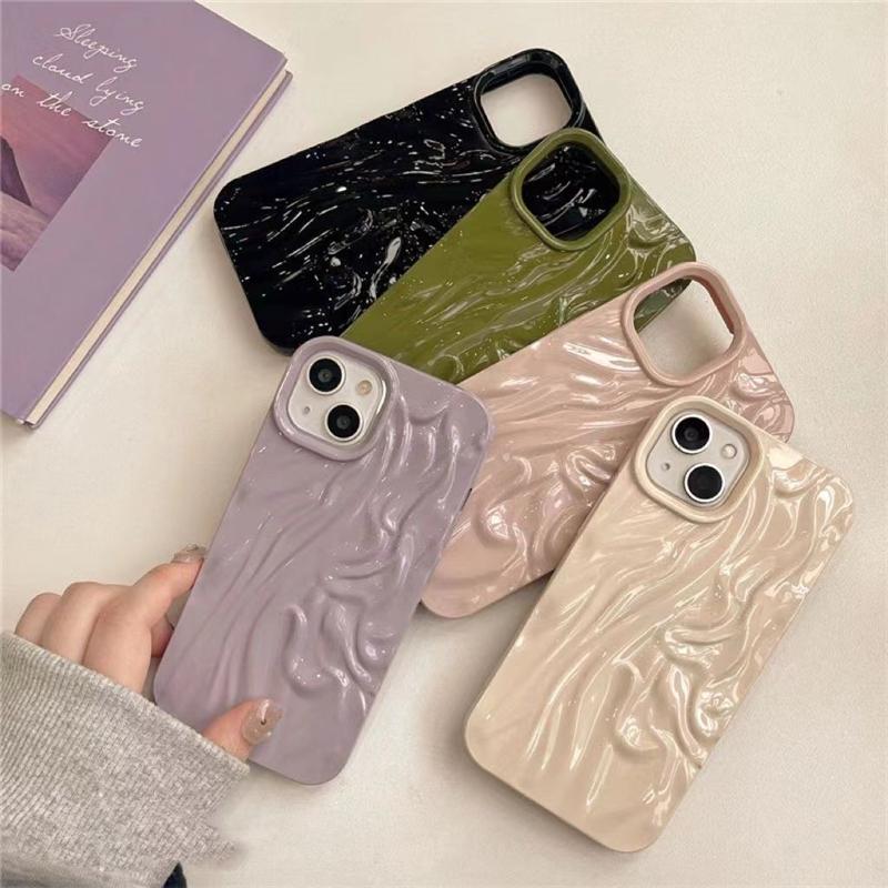 Glitter Candy Color 3D Folds Texture Phone Case For iPhone 15 11 12 13 14 Pro Max Fashion Irregular Ripple Shockproof Soft Cover