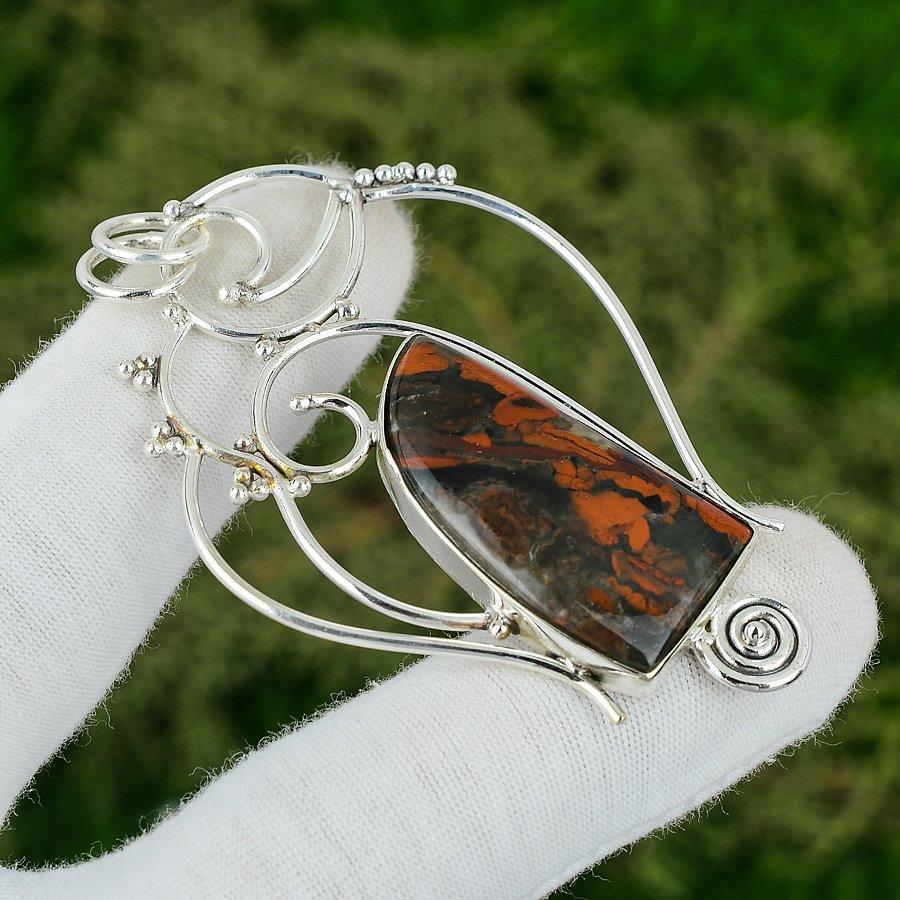 925 Silver Trillion Red Snakeskin Jasper Stone Trendy New Bezel Mother Pendant