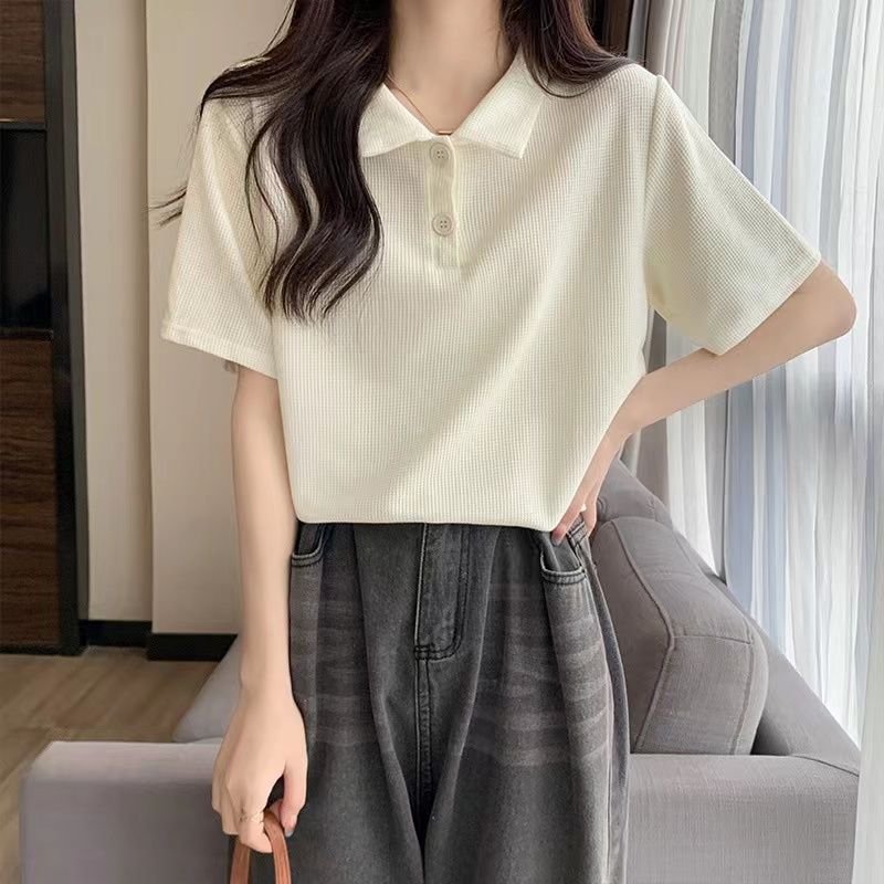 Polo Neck Korean Loose Slim T-shirt for Women's Summer New Waffle Base Shirt Lively Age-reducing Short-sleeved Top