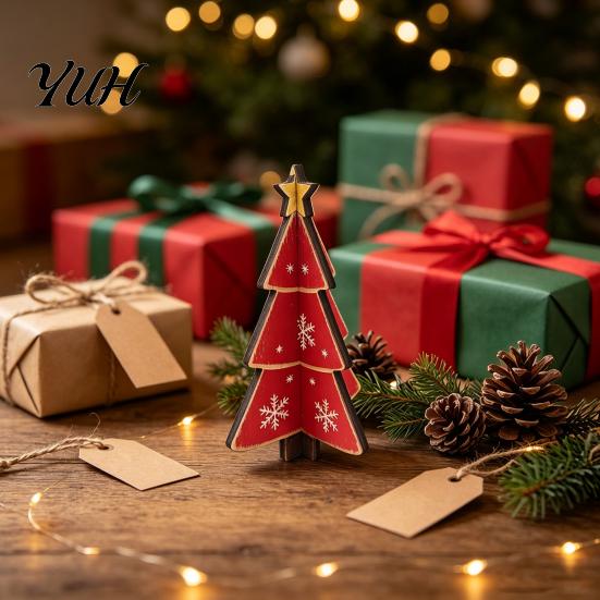 Charming Christmas Party Table Decor Wooden Tree Tabletop Decoration, Rustic 3D Interlocking Ornaments, Vintage Durable Festive Shop Window