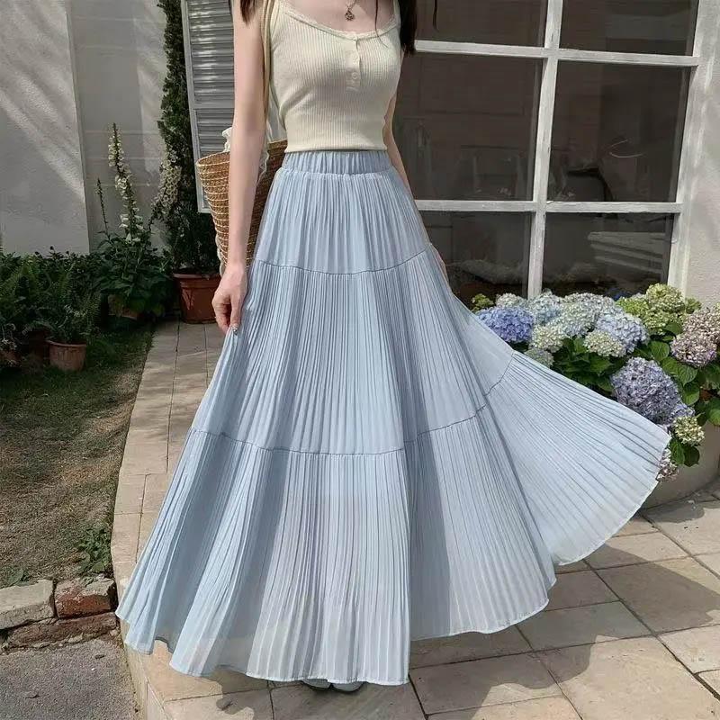 Long Women Summer French Gentle A-line Skirt Women High-waisted Draped Large Hem Long Skirt