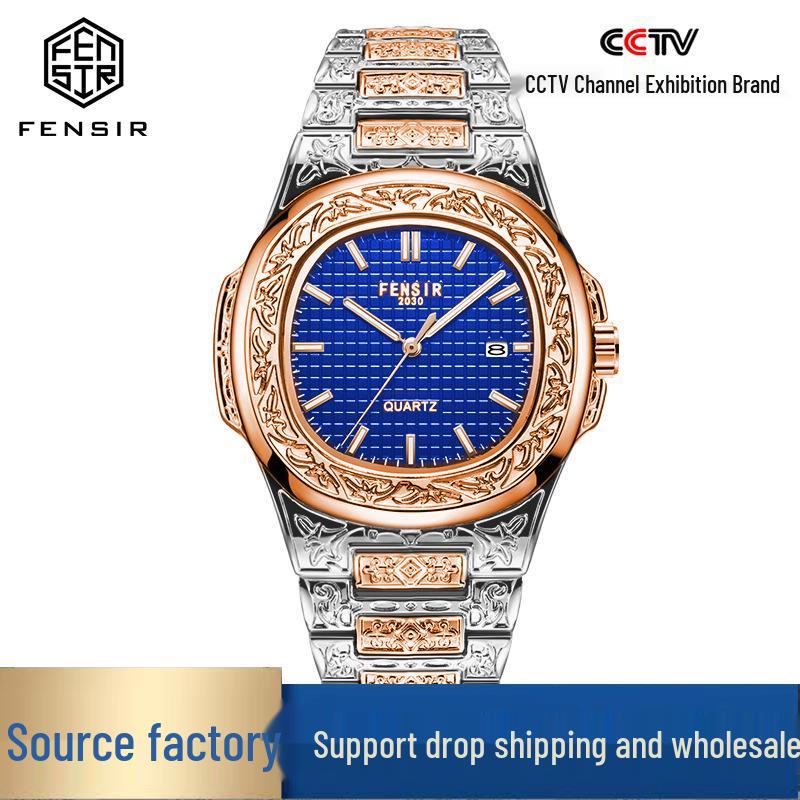 FENSIR Engraved Mesh Men's Retro Calendar Quartz Watch In European and American Style