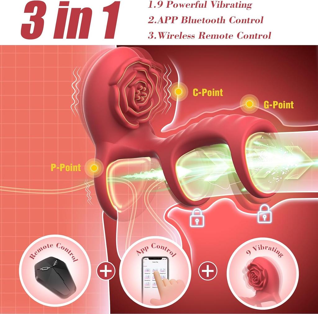 Rose Vibrierender Penisring Rose Klitorale G-Punkt Stimulation Penisring Vibrator, APP-Fernsteuerung 9 Vibrationen Männlich Weiblich Erektion Erotische Produkte