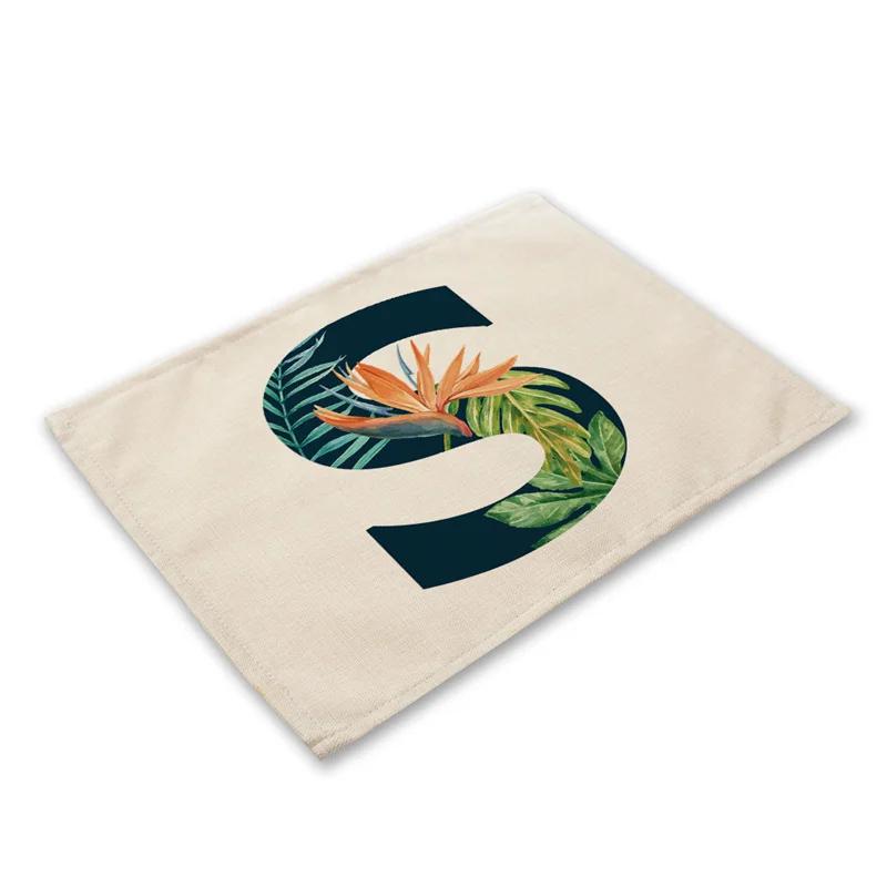 30x45cm Alphabet Letters Linen Kitchen Placemat Botanical Plant Green Tropical Leaves Dining Table Mats Coaster Pad
