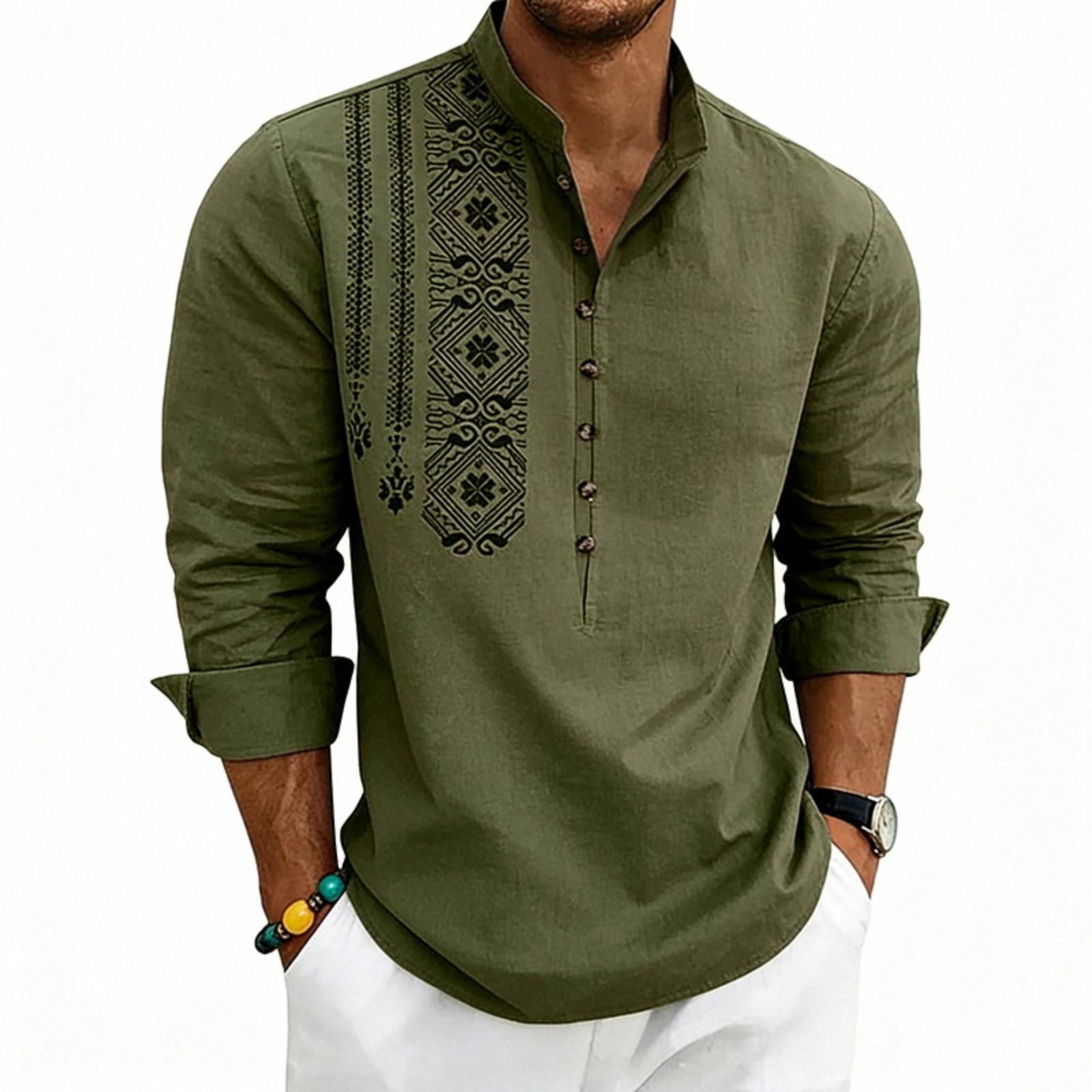 

Men s Button-down Collared Linen Long-sleeved T-shirt, Ethnic , European-American Button-down Shirt L армия зеленый