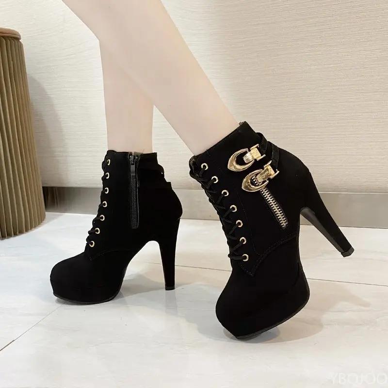 Fashion Plus Size Ankle Boots Women Platform High Heels Female Lace Up Shoes Buckle Short Boot Casual Ladies Footwear Drop