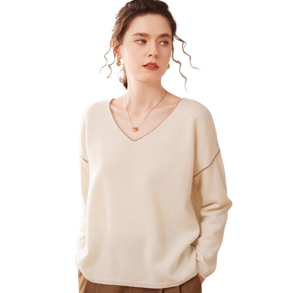 2024 Autumn/Winter Women's Cashmere V-Neck Loose Knit Pullover Sweater - Long Sleeve, Lazy Style Fashion