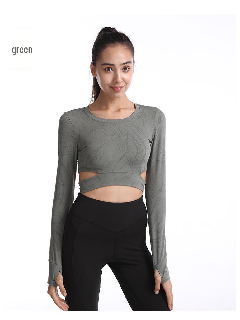 

Женский топ для йоги с длинным рукавом и вырезами - Дышащая, быстросохнущая футболка для фитнеса и бега Dark Grey Green (No Chest Pad)